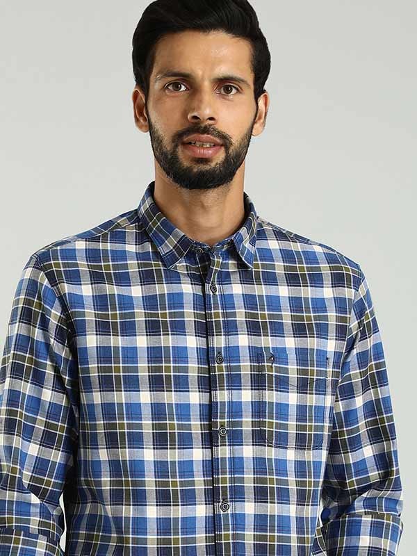 Indian Terrain Men's Regular Fit Full Sleeve Checkered Blue Shirt